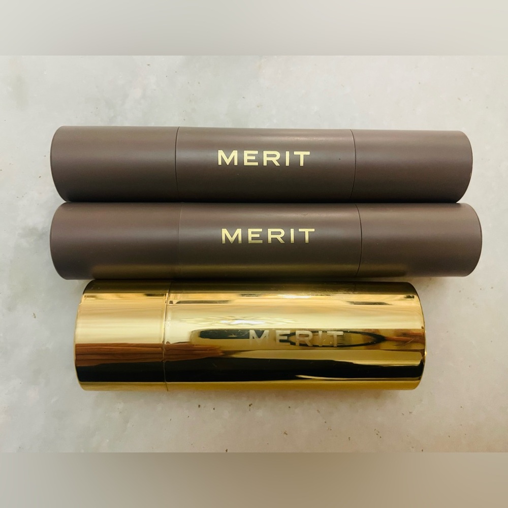 Used Merit Beauty Bundle. 2 Minimalist Sticks: Camel/Suede. Bronzer Balm:Siene.